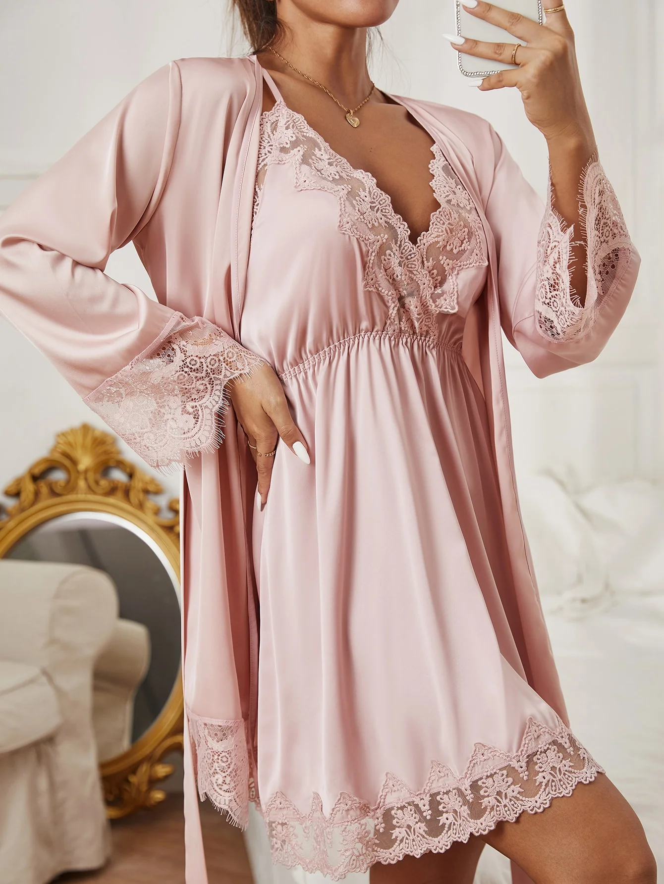 Embroidered Satin Slip with Robe - Image 3