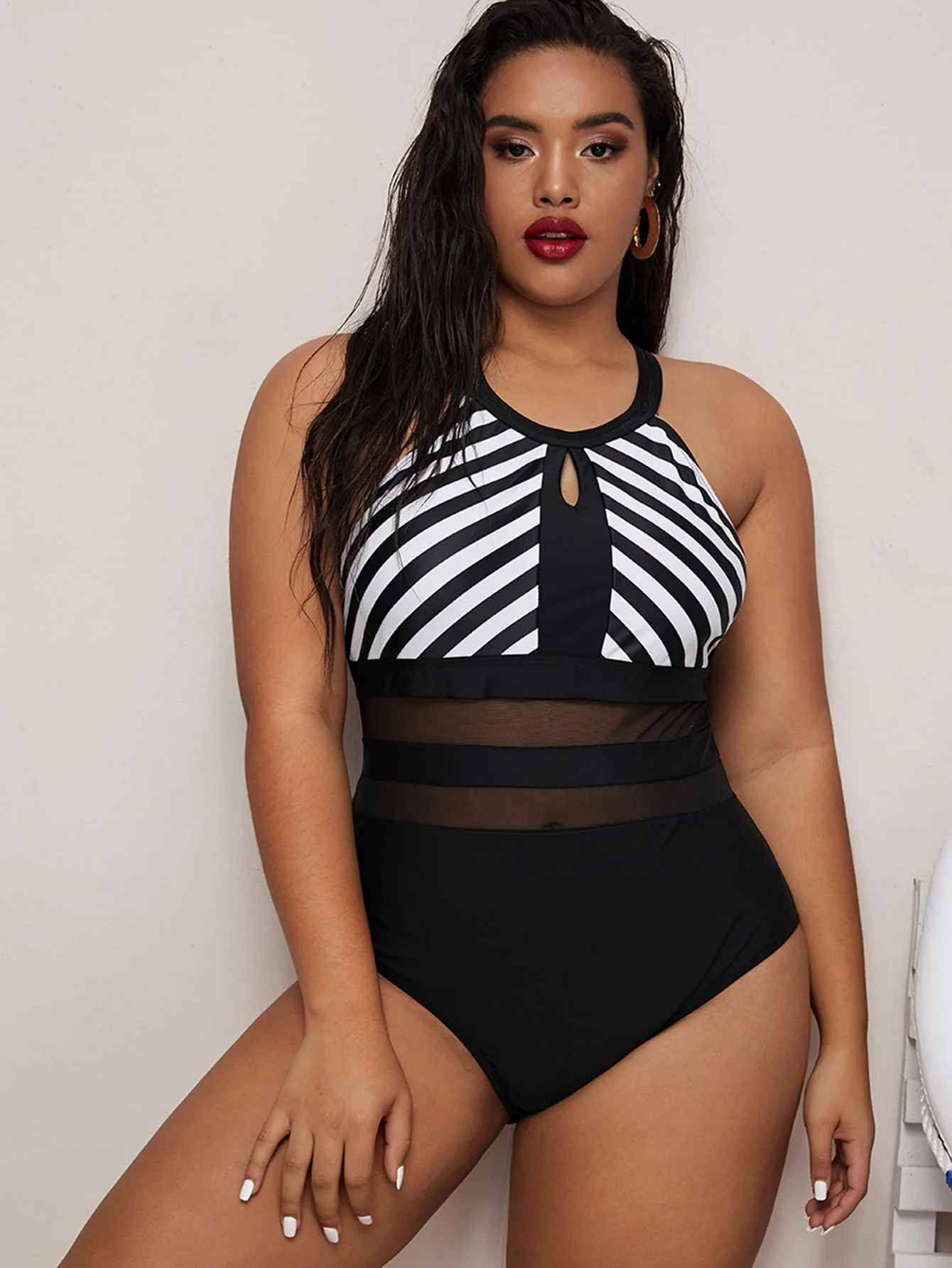 Striped Contrast Mesh One Piece Swimsuit - Image 3